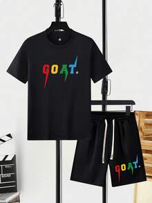 2 件套男士夏季短袖 T 恤和短裤套装，个性化字母印花图案，带口袋的休闲装，松紧腰抽绳裤，适合通勤、街头穿着，送给丈夫或男朋友的礼物
