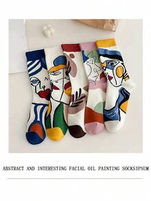 5 Pairs Of 5-Color Women's Fashionable Oil Painting Pattern Tube Socks, Breathable Cotton Casual Socks For Spring And Autumn, Moisture Wicking, Soft Abstract Illustration Socks, Facial Oil Painting Socks  Funny Dream    Spring/Fall - 彩色 - 查看 5