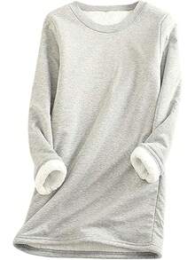 Sudadera de cuello redondo de forro polar para mujeres - Sudadera de invierno cálida con forro de sherpa, ropa de estar suave y cómoda, top térmico de manga larga - #3 - Ver 9