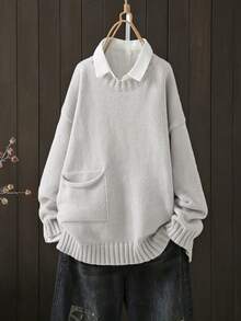 Plus Size Women Long Sleeve Pullover Sweater With Single Side Pocket, Suitable For Autumn/Winter - Grey - View 1