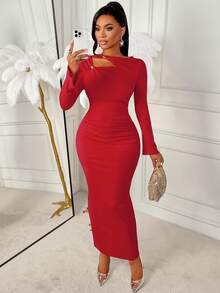 AIJ Vestido elegante de negocios, cena, cita o fiesta para mujer Amarilo con diseño de botones decorativos de cuello largo, el último diseño elegante de vestido de mujer para el otoño, Día de San Valentín - Rojo - Ver 6