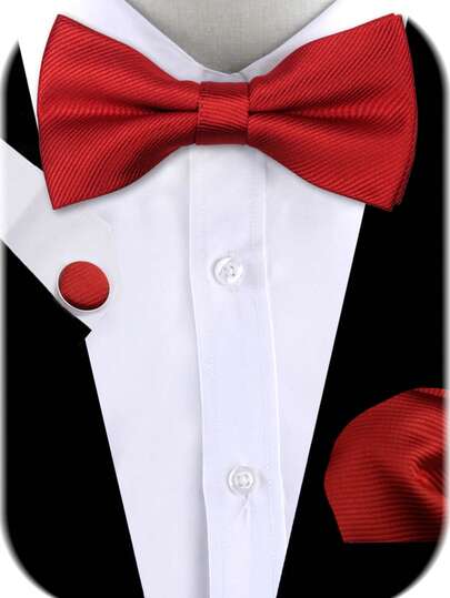 1 Set Men's Red Bow Tie Suit, Solid Color Bow Tie, Pocket Square, Cufflinks Set, Gift For Boyfriend, Suitable For Meetings, Banquets, Performances, Solid Red Bow Tie Set