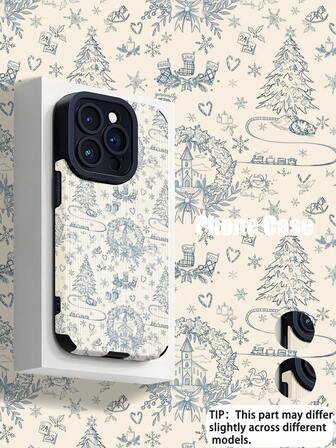 1 pieza Funda de teléfono de cuero sintético de alta gama a prueba de caídas, antihuellas y a prueba de golpes, con ilustración de árbol de Navidad de color azul claro de moda y rayas verticales, compatible con Apple y otros modelos