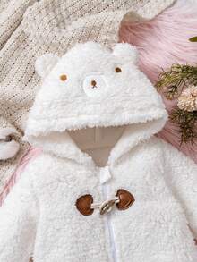 1pc Newborn Baby Hooded Romper, Soft Plush Fabric, Dual-Zipper & Button Design, Cute Bear Style, Long Sleeve Footed Jumpsuit, Comfortable For Infant