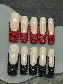 CrystalHola Unhas de Halloween: 10 peças de unhas postiças artesanais, extra longas, estilo balé, base de cor sólida com diamantes tridimensionais vermelhos e pretos, muito brilhantes, adequadas para participar de festas, festivais de música e outras atividades. É a primeira escolha para meninas e mulheres darem presentes.