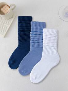1/3/6 Pairs (Random Delivery) Unisex Blue Series Knitted Mid-Calf Socks, Soft Slouch Socks For Autumn/Winter, Casual European And American Daily Outfit - Multicolor - View 2