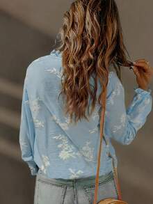 Blusa de mujer con volantes bordados, estilo vintage, con estampado floral, de hojas y bordado botánico, decoración casual para primavera - Azul menta - Ver 2