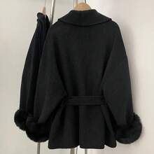 OFTBUY Einfarbige Jacke mit langen Ärmeln, loser Taille, Gürtel, Fellimitat-Patchwork und Wollmischung, lässiger Street-Style für Herbst/Winter & Feiertage - Schwarz - Übersicht 5