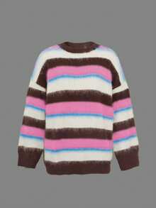 2025 Nuevo suéter casual de mujer de manga larga con cuello redondo, contraste de color a rayas, material de lana, Otoño/Invierno