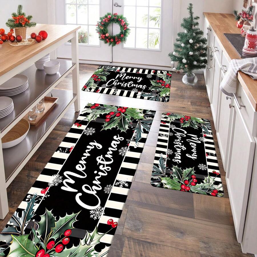 1/2/3pcs Farmhouse Christmas Kitchen Rugs - Soft, Stain-Resistant, Waterproof, Non-Slip, Absorbent, Memory Foam, Machine Washable, Anti-Fatigue, Suitable For Living Room, Bedroom, Hallway, Bathroom, Sink, Laundry Room Decor, Featuring Joyful Striped Pattern