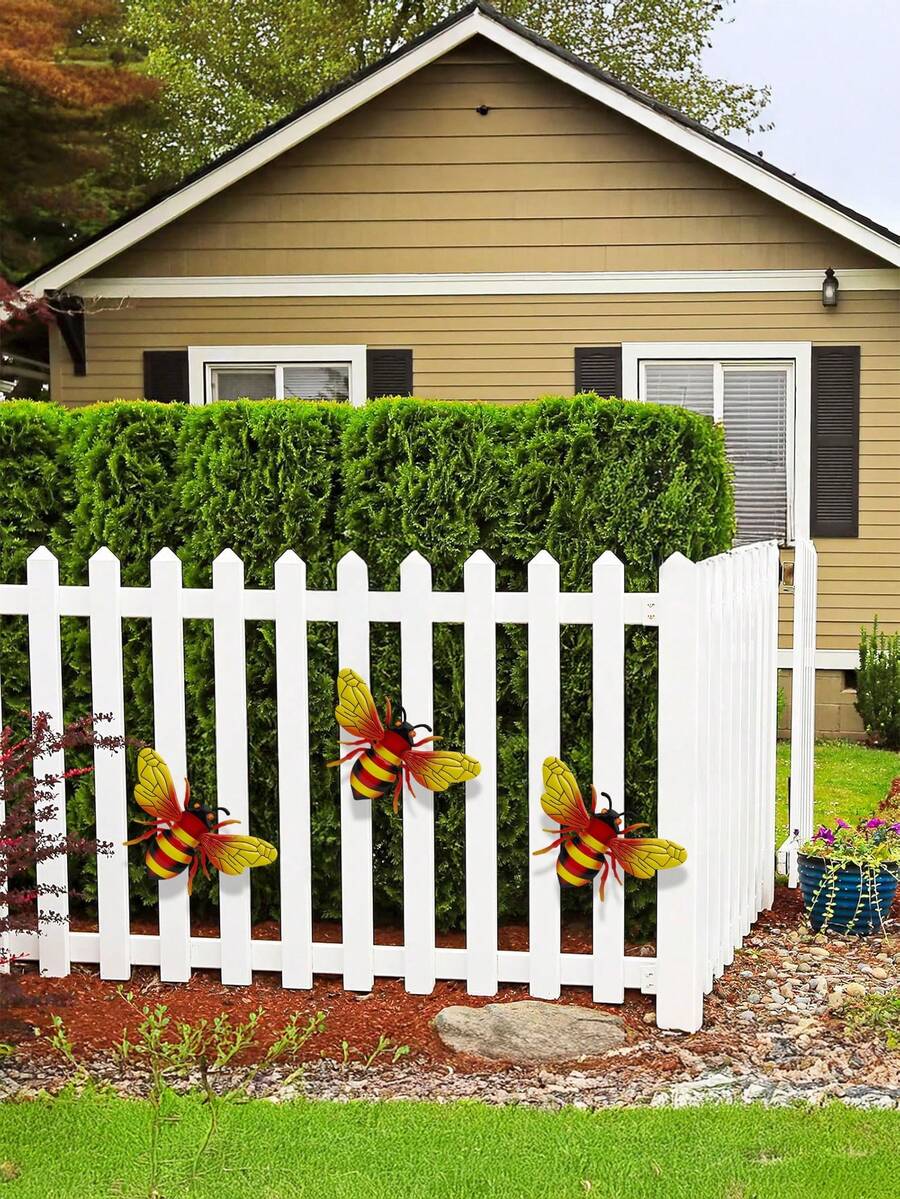 3 piezas/set Decoración de pared de metal con diseño de abeja para jardín, valla, patio o exterior, decoraciones colgantes de abejorros para exteriores