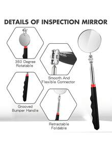 1/2pcs 1 Telescopic Folding Inspection Mirror For Car Maintenance - Black, Carbon Steel And Glass, Underbody Viewing Tool With Red Decorative Handle