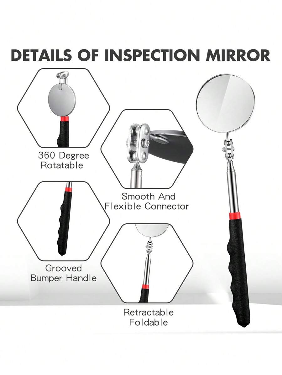 1/2pcs 1 Telescopic Folding Inspection Mirror For Car Maintenance - Black, Carbon Steel And Glass, Underbody Viewing Tool With Red Decorative Handle