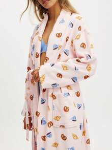 Womens Plush Soft Robe Long Sleeve Belted Striped Bathrobe With 2 Pockets For Spa, Pool - Hồng - Xem 2