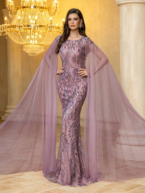 UNITHORSE UNITHORSE [Estampa aleatória] Vestido de noite feminino com decote redondo, manga curta e lantejoulas