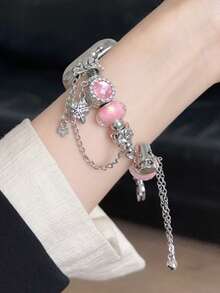 Apple Watch Band For Women, Pink Beaded Pearl Pendant Heart Bling Bling Bracelet Strap For Apple Watch Ultra 3/2/1 SE Series S11/S10/S9/S8/S7/S6/S5/S4/S3/S2/S1, Fashionable, Youthful, Noble, Elegant Gift For Girlfriend, 38mm/40mm/41mm/42mm/44mm/45mm/46mm/49mm Women Smart Watch Accessories