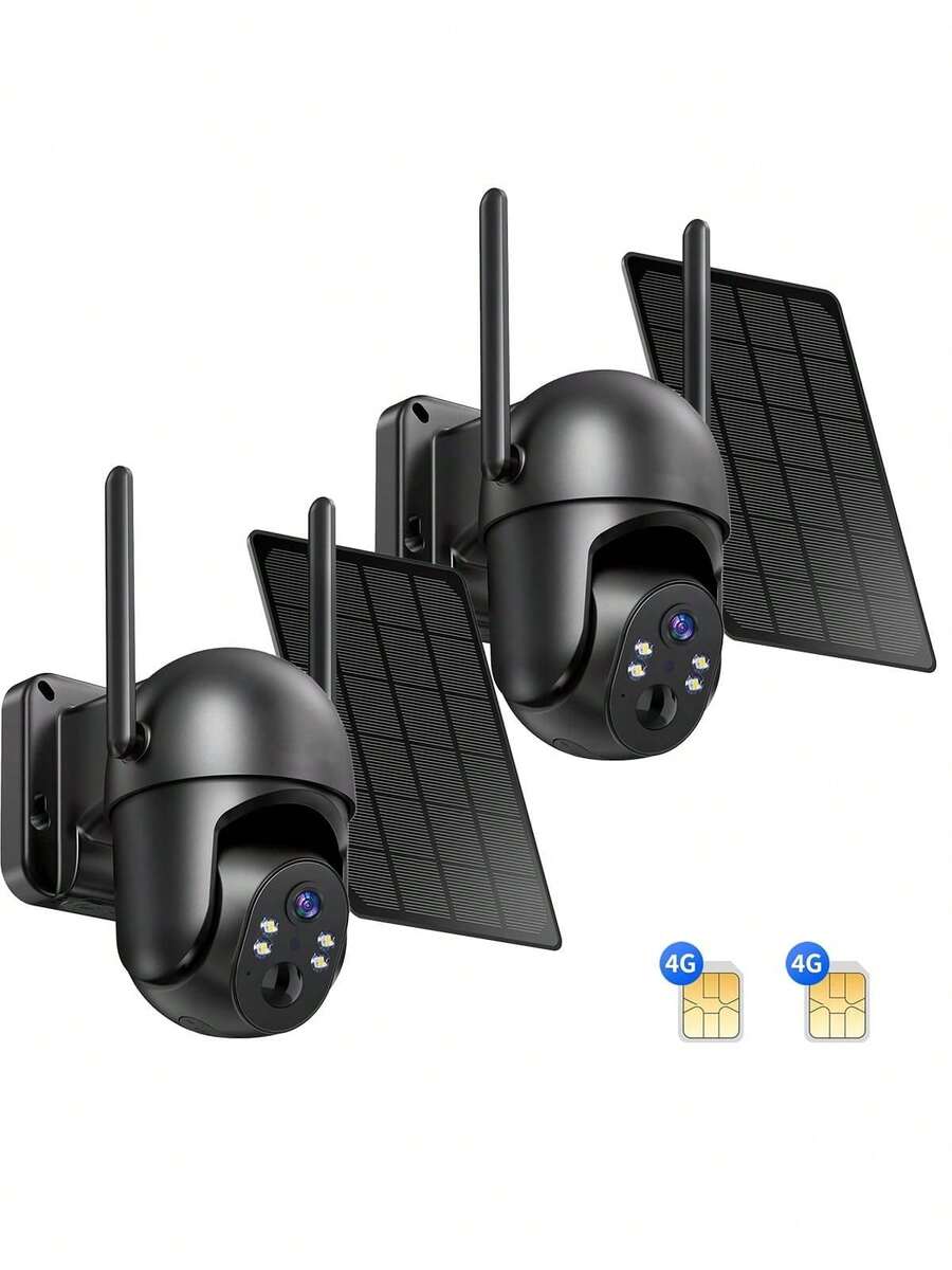 2 Pack 4G LTE Cellular Solar Security Camera Wireless Outdoor, No WiFi Solar Powered Camera, 360 °   Live View, 2.7K Color Night Vision, PIR Motion Sensor, 2 Way Talk, Built In SIM Card - Stealth Black - Black - View 1