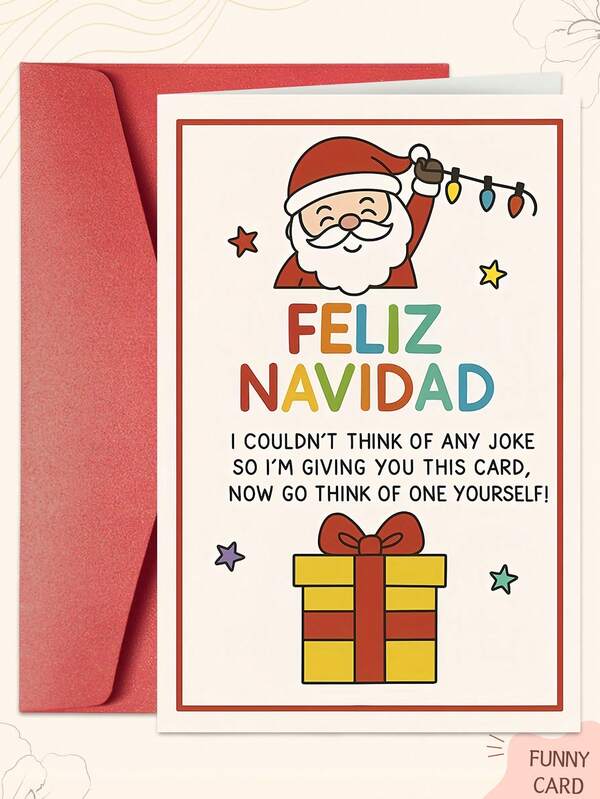 1 PIEZA Tarjeta de Navidad divertida con Papá Noel y cajas de regalo - Texto en español "Feliz Navidad", frases humorísticas en español en el interior, diseño rojo y blanco con estrellas y confeti - Tarjeta de papel para amigos, familiares y hispanohablantes - Ideal como invitación para fiesta navideña o regalo gracioso durante todo el año