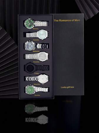 1 Caja de 7 piezas Relojes románticos surtidos para hombres y mujeres, Juego de caja de regalo de 7 días de la suerte de relojes de cuarzo casuales, de negocios y deportivos