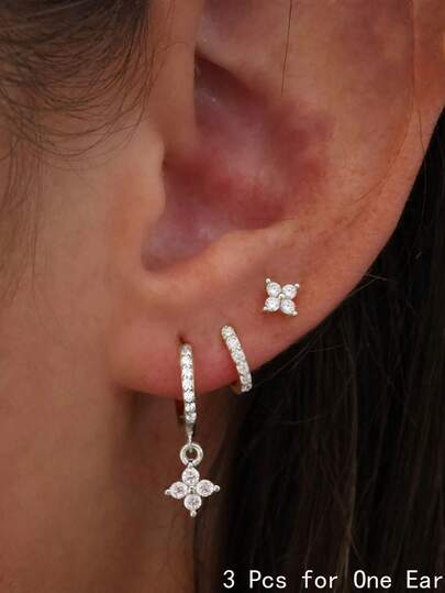 3Pcs Classic CZ Flower Zirconia Earring Set For Women, Silver Small Round Floral Huggie Earrings Bulk For Girl Vintage Helix Stud Earring Stacks Piercing Jewelry Accessories Gift