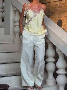 Women Satin Lace Trim Cami Tops Silk V Neck Spaghetti Strap Tank Top Y2k Backless Asymmetrical Loose Going Out Camisoles Shirts Streetwear - 黃色 - 查看 5