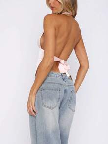 Womens Backless Halter Tops Deep V Neck Crop Tank Top Open Back Tie Sleeveless Slim Fit Y2k Party Summer Tops Clubwear - 粉色 - 查看 3