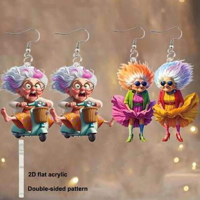 2D Acrylic Fashion Grandma Pendant Earrings 2 Pair Y2K Earrings - Unique And Colorful, Stainless Steel Hooks - Ideal Gift For Best Friends And Relatives On Mother's Day - Bright Women's Fashion Jewelry, Weird Earrings