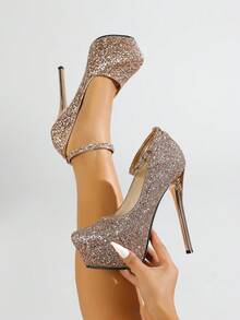 Zapatos de tacón alto de 14 cm con tacones delgados de estilo de moda sexy para fiestas de mujeres, nuevos tacones súper altos para primavera y otoño, con diseño de hebilla con strass en la correa trasera, tacones altos de mujer de escote bajo, zapatos con lentejuelas brillantes, tacones elegantes para banquetes y citas