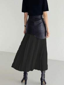 Long Pleated Skirt Women, Summer Faux Leather Patchwork Bodycon Skirt - Black - View 3