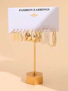 6对简约优雅C形仿珍珠金属耳环，时尚金色首饰 - 彩色 - 查看 3