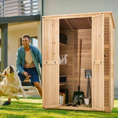 Outdoor Storage Shed, Oversize Wooden Outside Storage Cabinet With Waterproof Roof And Metal Frame, Double Lockable Doors Garden Tool Shed Storage House Cabinet With Shelves & Floor, 58"X78"