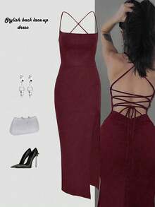 Vestido de mujer, unicolor, tirantes finos, espalda descubierta grande, pliegues en las caderas, aberturas grandes en las caderas, que cubre las caderas, sexy, sin mangas, vestido largo para fiesta, adecuado para usar debajo de un abrigo en otoño, parte superior