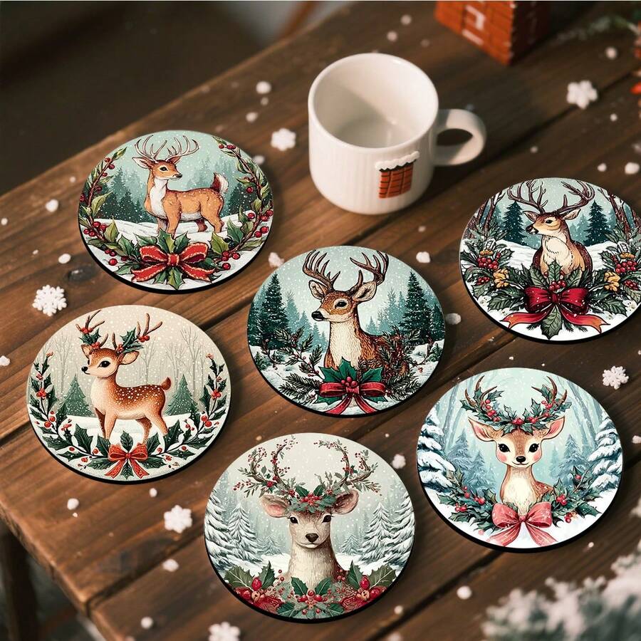 4pcs/6pcs/300pcs Christmas Reindeer Pattern Diatom Mud Coasters Are Suitable For Home Decoration, Coffee Shops, Afternoon Tea, Restaurant Decoration, Theme Parties, Daily Decoration, And Can Also Be Given As Christmas Gifts - Multicolor - View 1