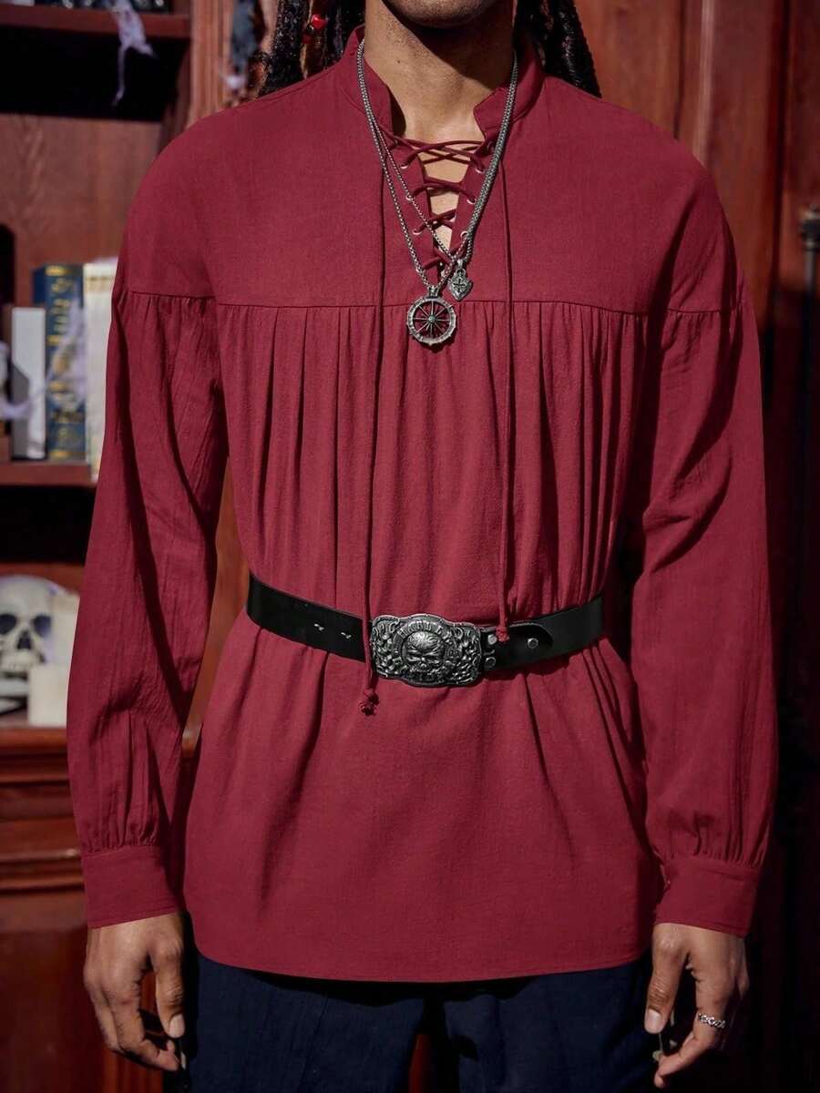 Men's Halloween Costume Blouse Long Sleeve Medieval Pirate Look Steampunk Viking & Renaissance Elements Lace Up Scottish Style - 紅色 - 查看 1