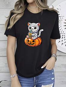 Women T-Shirt Print Kawaii Mummy Cat Drinking Boba Tea Halloween Pumpkin Men Women  T-Shirt T-Shirt For Women Casual Women Top Graphic Tees Comfortable Versatile Graphic Casual Top For Everyday Wear Summer Women Print Round Neck Short Sleeve Soft Designer Clothes