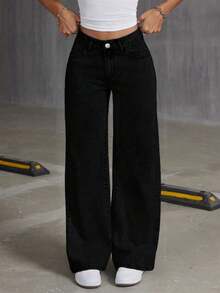 Teen Girls' Loose Butterfly Print Denim Wide Leg Pants - Black - View 4