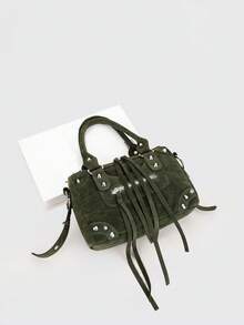 1件绿色拼接铆钉金属流苏拉链装饰复古PU材质腰带可调节长肩带拉链闭合时尚复古甜美酷炫朋克风摩托车包，Y2K风格方形手提包，休闲低调奢华风女士斜挎包，可装手机、卡包及日常旅行/购物用品 - 綠色 - 查看 5