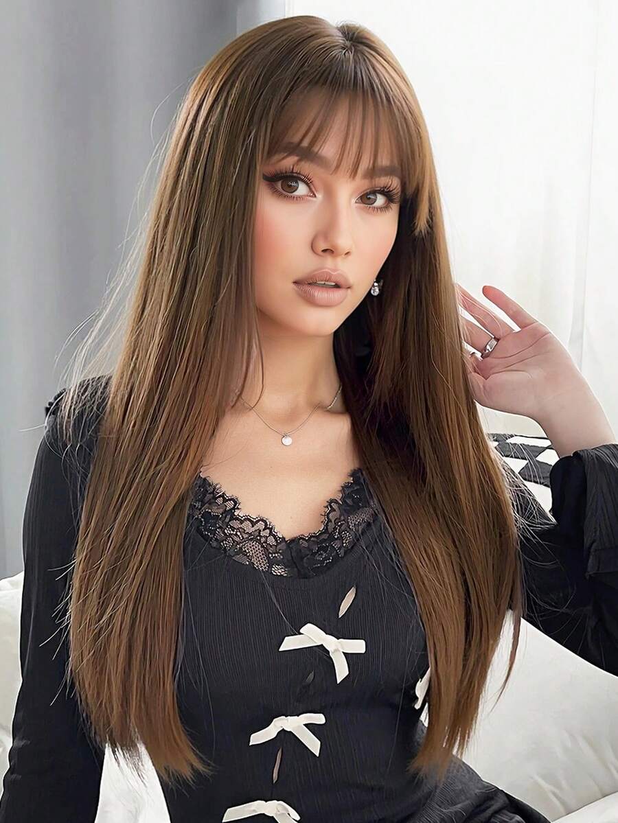 [耐热合成假发] 耐热 28 英寸长直合成假发，带刘海 - 自然柔软的头发，适合日常佩戴、角色扮演、万圣节、音乐节和圣诞节活动 - 女士时尚黑色 - 棕色 - 查看 1