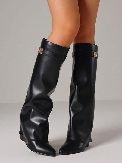 Fashion Women Knee High Boots Metal Pointed Toe Chunky Heels Fold Over Luxury Punk Goth Design Cool Women Fold Over Shoes