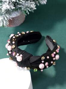 1pc Random Women's Elegant & Fashionable Christmas Vibe Hair Accessory/HeadbanGreen Color Twisted Fabric Headband With Colorful Pearl & Rhinestone Decor, Widened Crown, Suitable For Christmas Party, Hair Band, Hair Hoop