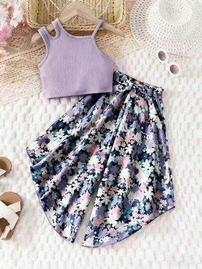 Solid Color Crop Top With Printed Wide Leg Pants Casual Beach Holiday Outfit For Girls, Suitable For Outdoor Use
