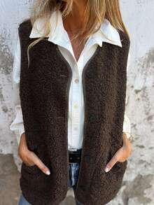 Women's Casual Solid Color Button Real Pocket Open Front Sleeveless Faux Fur Vest, Autumn/Winter - Multicolor - View 3