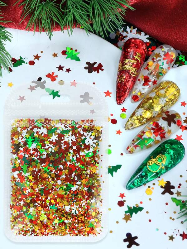 1 Bag 5g Christmas Nail Art Sequins Sparkly White Snowflake Gingerbread Man Green Tree Red Star Shape Festival Glitter Flakes Decoration Nail Supplies Accessories