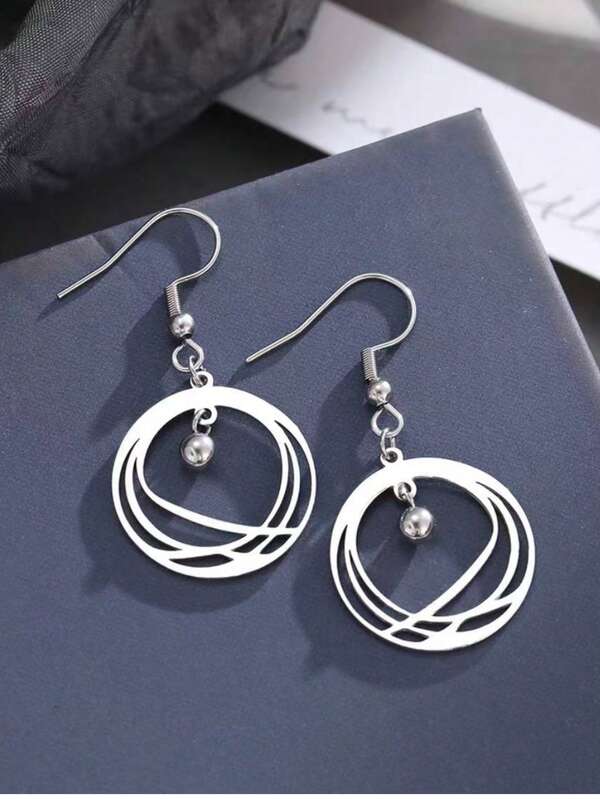 1 Pair Fashionable Stainless Steel Round Striped Design Bell Pendant Retro Earrings, Jewelry Gift For Women