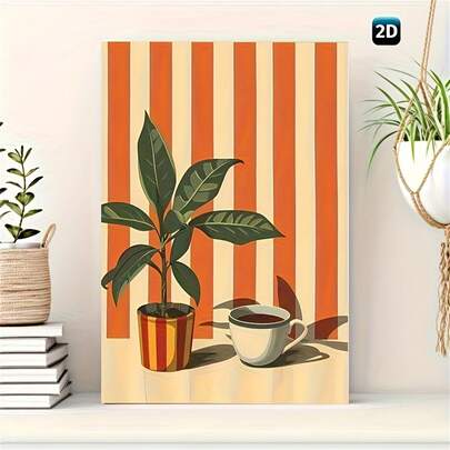 1pc Vintage Retro Midcentury Coffee And Plants Warm Stripes Minimalist Wall Art Print Poster, Vibrant Orange And White Stripes With Potted Plant And Coffee Cup, Canvas Material, Unframed, Perfect For Home Office Bedroom Living Room Kitchen Bathroom Bar Wall Decoration, Coffee Bar Accessories
