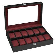 Caja de Relojes con 12 Compartimentos, Estuche de Relojes con Tapa de Cristal, Cojín Extraíble, Cierre Metálico, Idea de Regalo, Cuero Sintético Negro y Forro Rojo Burdeos, Regalo de Navidad - Rojo - Ver 7