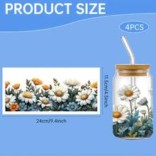 4pcs Flower Themed Rub Ons UV DTF Transfer Stickers, With Bright Flower Art Stickers, Suitable For, Cups, Bottles DIY Furniture, Glass, Glassware, Bottles And Crafts - Multicolor - View 5