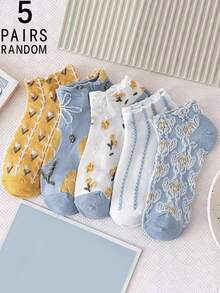 5/10/20 双女士复古 3D 压花花卉图案袜子，时尚百搭透气短中筒袜