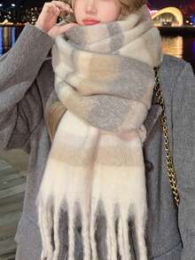This Autumn/Winter Color-Block Mini Striped Tassel Scarf Exudes A Strong Feminine Charm. It Features A Thick And Warm Plaid Design, Which Can Perfectly Match All Korean-Style Scarves, Making It An Ideal Gift For Christmas Or Valentine's Day. - Beige - View 4