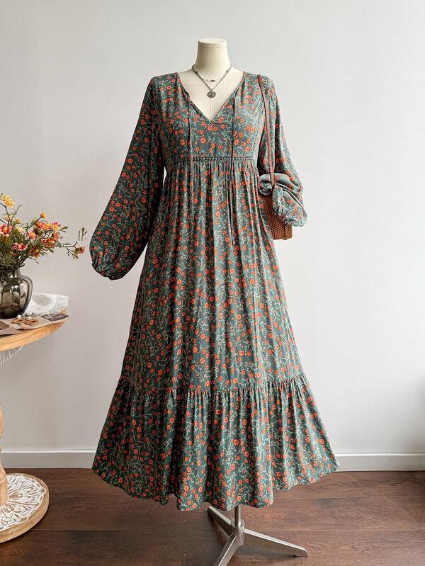 Rusttydustty Women's Autumn Ditsy Floral V-Neck Tie Strap Ruffle Patchwork Long Sleeve Dress,Cyber Monday Christmas Halloween New Year's Wear Party 